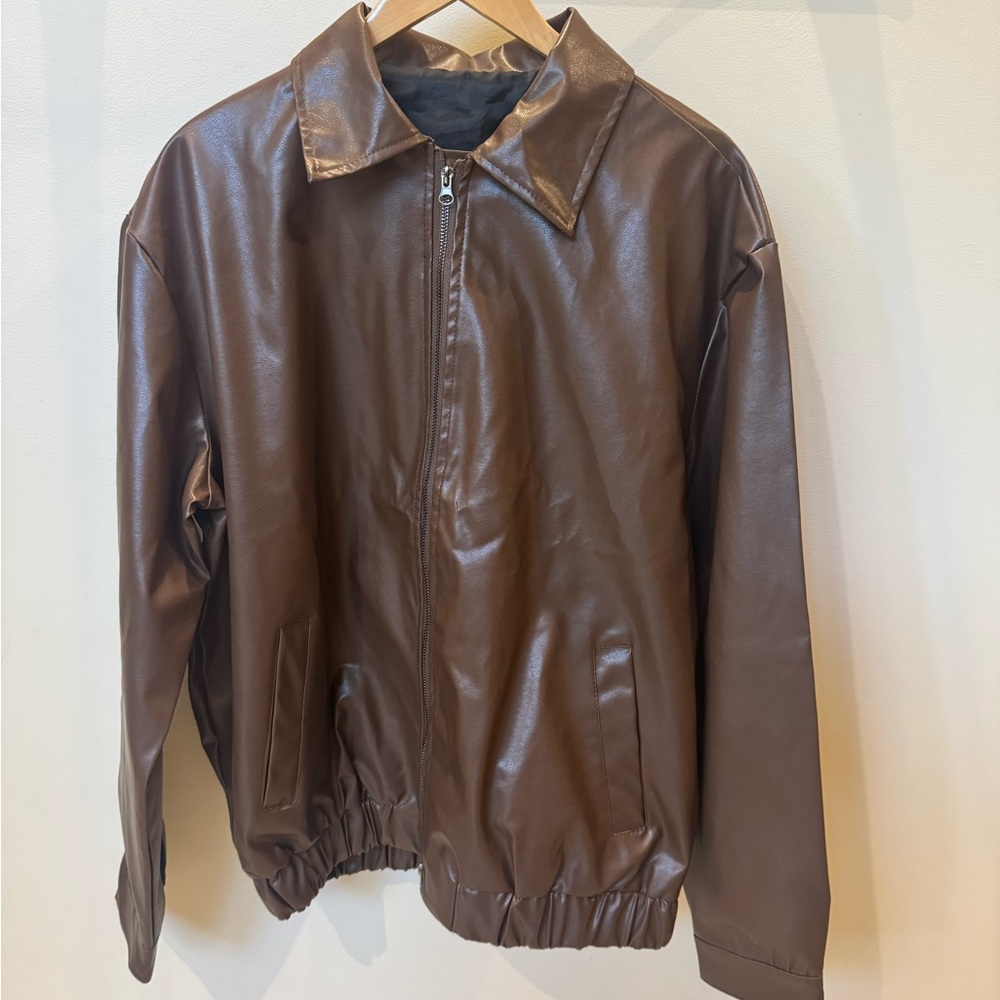 Brown Faux Leather Zip-Front Women’s Jacket